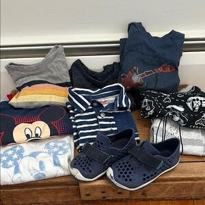 LOT 2T Boys Short Sleeve Shirts Summer Pajamas, Go Plae Mimi Shoes Summer Used
